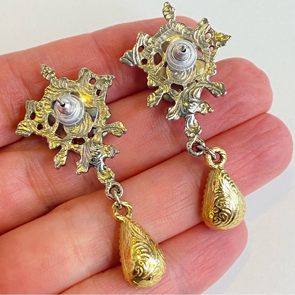 Vintage 1928 Blue Floral Drop Earrings Pink Accent Teardrop Crystal 2" - Picture 3 of 9